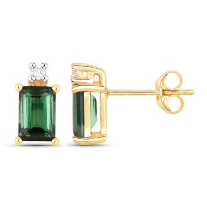 1.24 Carat Genuine Green Tourmaline and White Diamond 14K Yellow Gold Earrings Bids.com