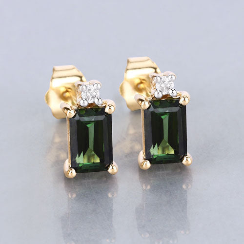 1.24 Carat Genuine Green Tourmaline and White Diamond 14K Yellow Gold Earrings Bids.com