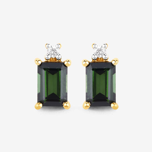 1.24 Carat Genuine Green Tourmaline and White Diamond 14K Yellow Gold Earrings Bids.com