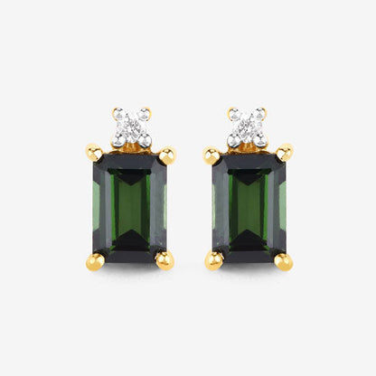 1.24 Carat Genuine Green Tourmaline and White Diamond 14K Yellow Gold Earrings Bids.com