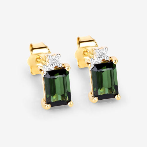 1.24 Carat Genuine Green Tourmaline and White Diamond 14K Yellow Gold Earrings Bids.com