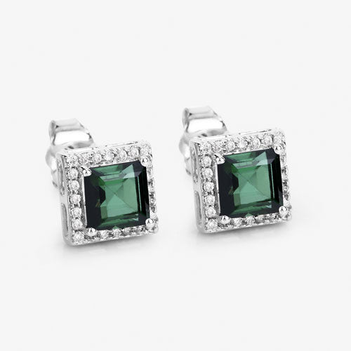 1.55 Carat Genuine Green Tourmaline and White Diamond 14K White Gold Earrings Bids.com