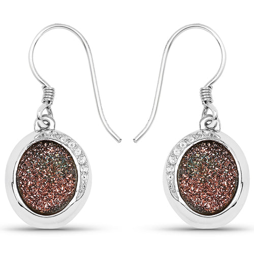 4.72 Carat Genuine Copper Bloom Drusy and White Topaz .925 Sterling Silver Earrings Bids.com