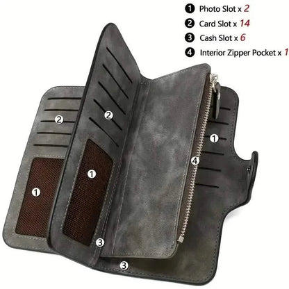 Vintage Faux Leather Long Wallet – Trifold Credit Card Holder with Snap & Zipper DailySale