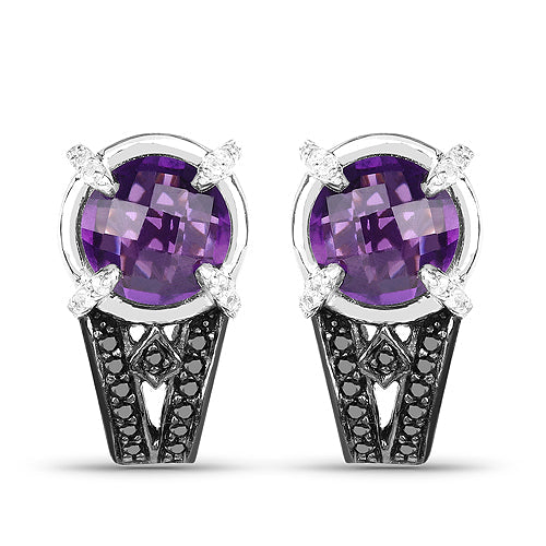 3.61 Carat Genuine Amethyst, Black Diamond and White Diamond .925 Sterling Silver Earrings Bids.com