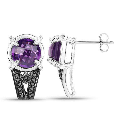 3.61 Carat Genuine Amethyst, Black Diamond and White Diamond .925 Sterling Silver Earrings Bids.com