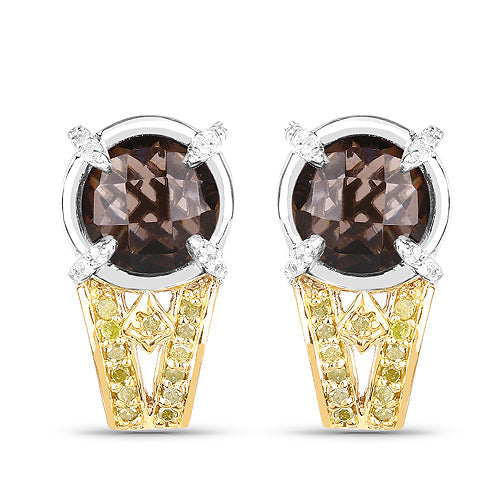3.75 Carat Genuine Smoky Quartz, Yellow Diamond and White Diamond .925 Sterling Silver Earrings Bids.com