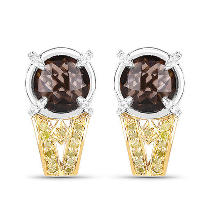 3.75 Carat Genuine Smoky Quartz, Yellow Diamond and White Diamond .925 Sterling Silver Earrings Bids.com