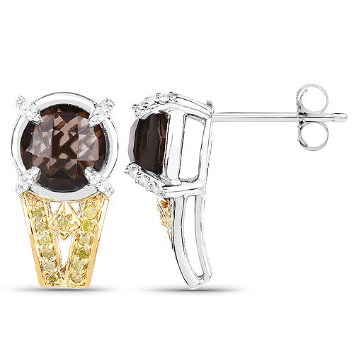 3.75 Carat Genuine Smoky Quartz, Yellow Diamond and White Diamond .925 Sterling Silver Earrings Bids.com