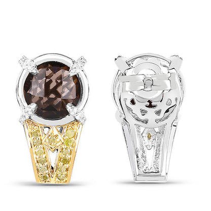 3.75 Carat Genuine Smoky Quartz, Yellow Diamond and White Diamond .925 Sterling Silver Earrings Bids.com
