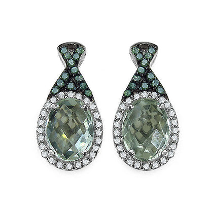 2.55 Carat Genuine Green Amethyst, Green Diamond & White Diamond .925 Sterling Silver Earrings Bids.com