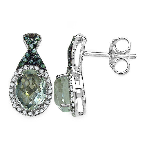 2.55 Carat Genuine Green Amethyst, Green Diamond & White Diamond .925 Sterling Silver Earrings Bids.com