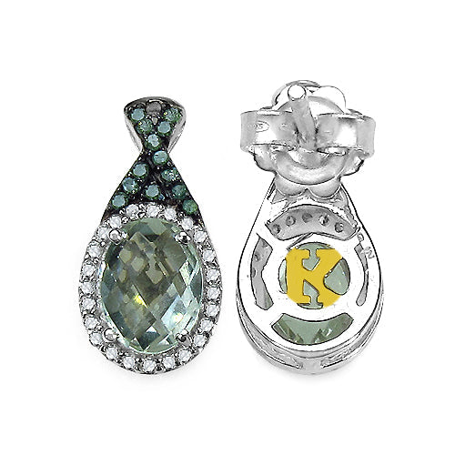 2.55 Carat Genuine Green Amethyst, Green Diamond & White Diamond .925 Sterling Silver Earrings Bids.com