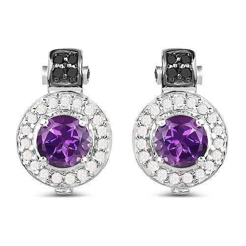 2.29 Carat Genuine Amethyst, Black Diamond and White Diamond .925 Sterling Silver Earrings Bids.com