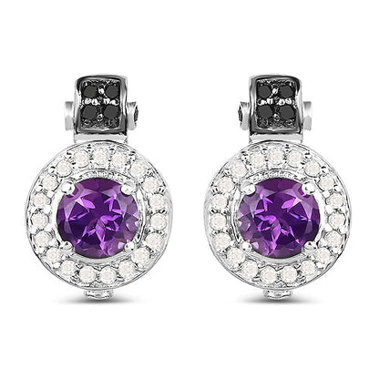 2.29 Carat Genuine Amethyst, Black Diamond and White Diamond .925 Sterling Silver Earrings Bids.com