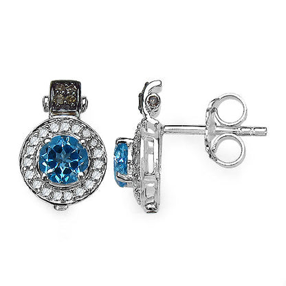 1.20 Carat Genuine Swiss Blue Topaz and 0.30 ct.t.w Genuine Diamond Accents Sterling Silver Earrings Bids.com