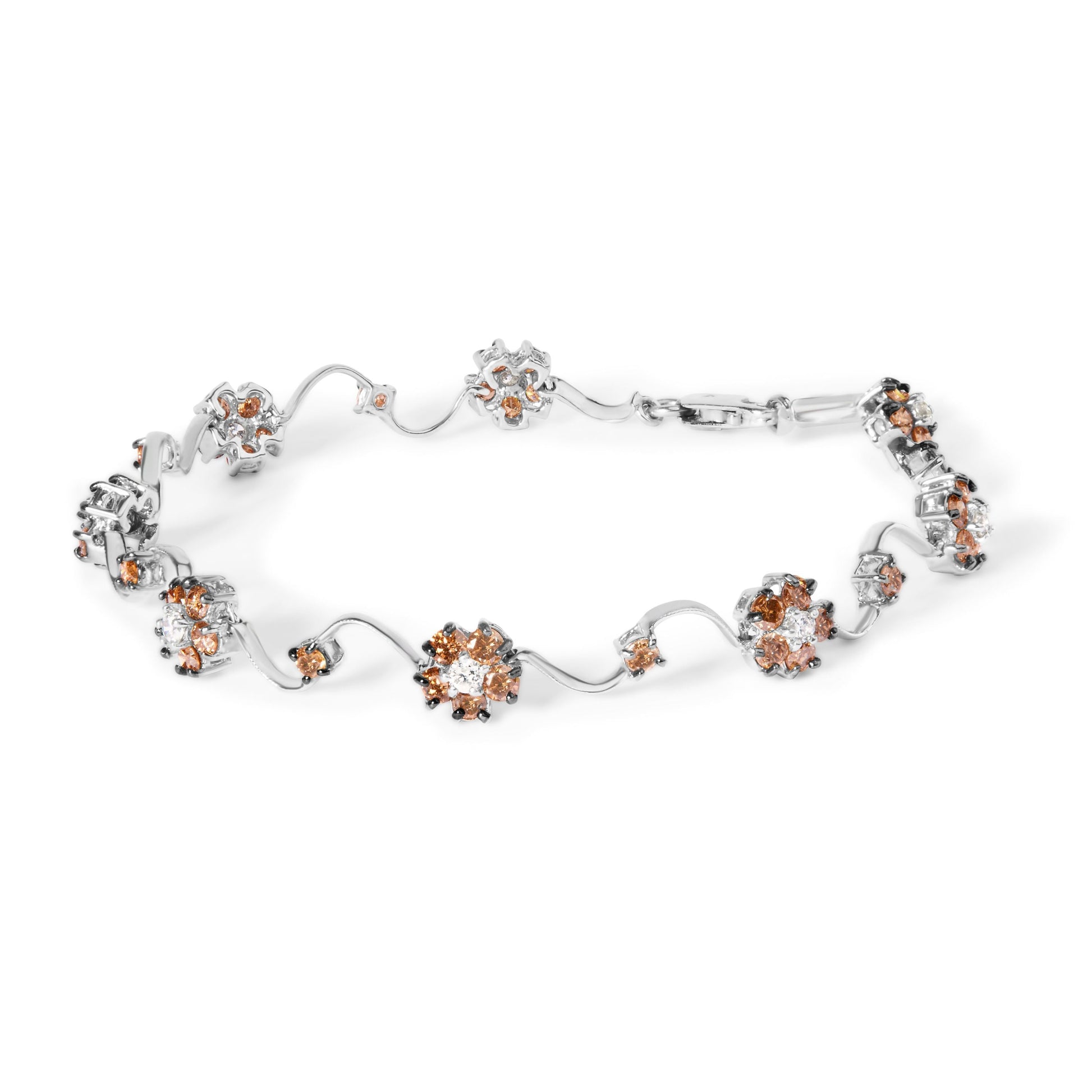 10K White Gold 4.0 Cttw Champagne and White Diamond Floral Cluster and Station Link Bracelet (H-I Color, SI2-I1 Clarity) - 7" Inches Bids.com