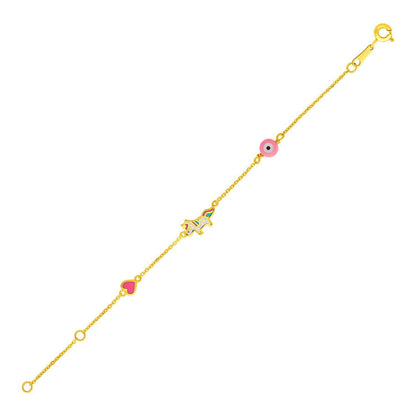 14k Yellow Gold 5 1/2 inch Childrens Bracelet with Enameled Heart Unicorn and Circle Bids.com