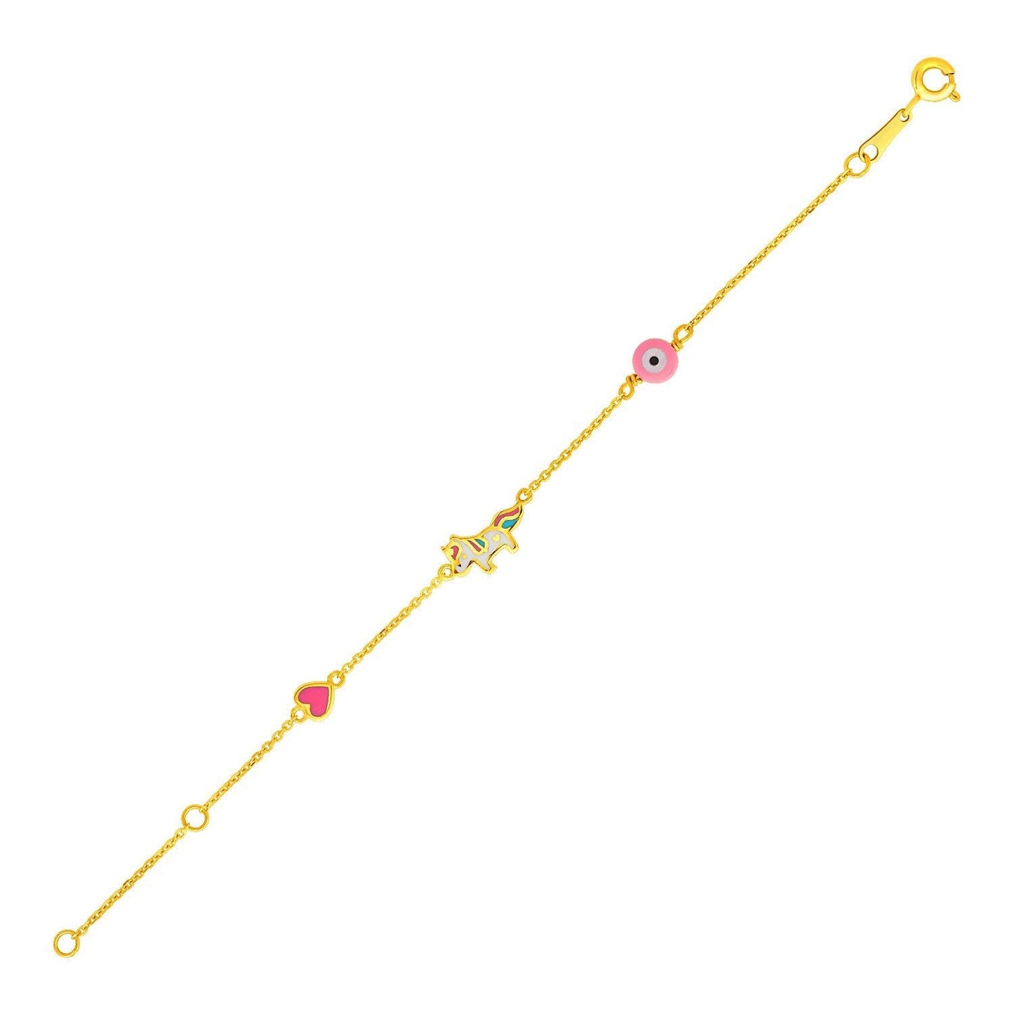 14k Yellow Gold 5 1/2 inch Childrens Bracelet with Enameled Heart Unicorn and Circle Bids.com