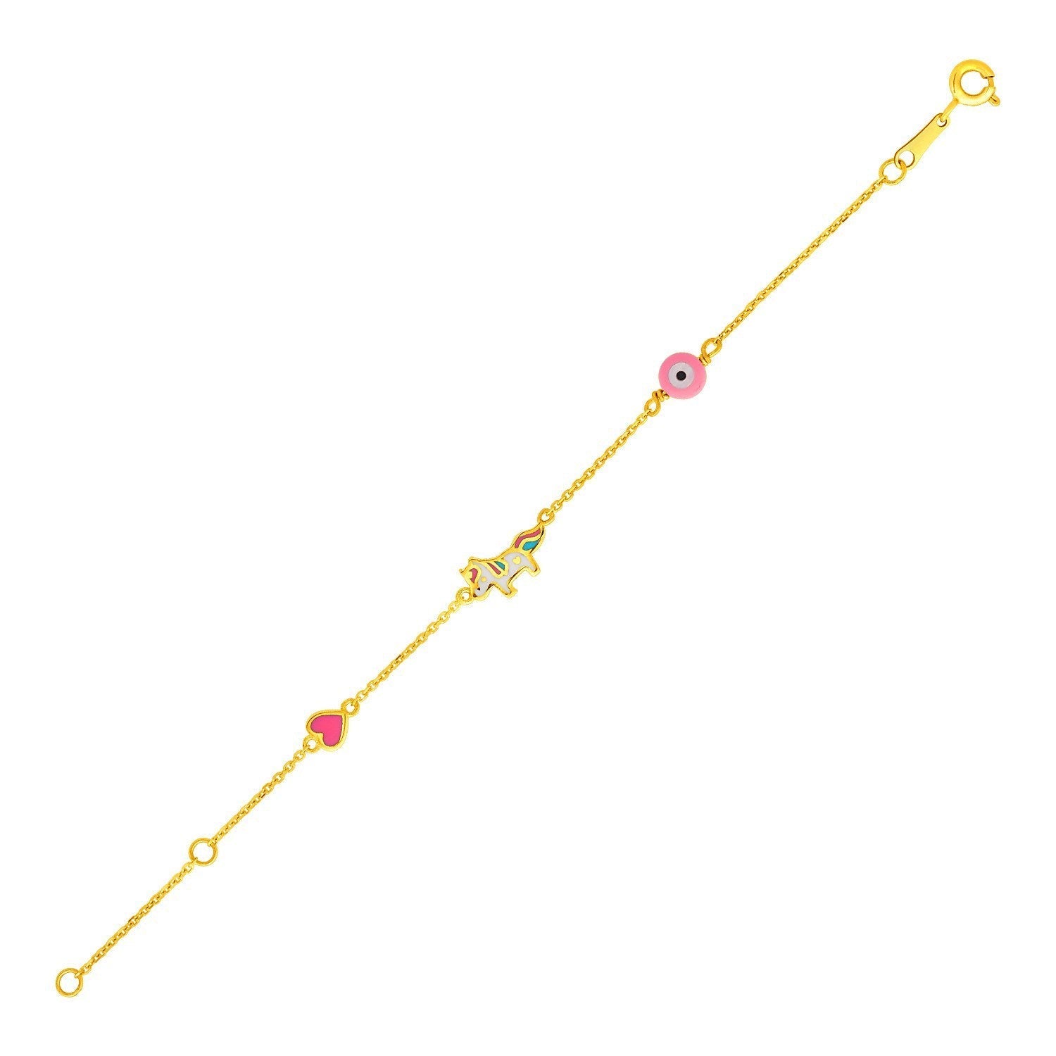 14k Yellow Gold 5 1/2 inch Childrens Bracelet with Enameled Heart Unicorn and Circle Bids.com