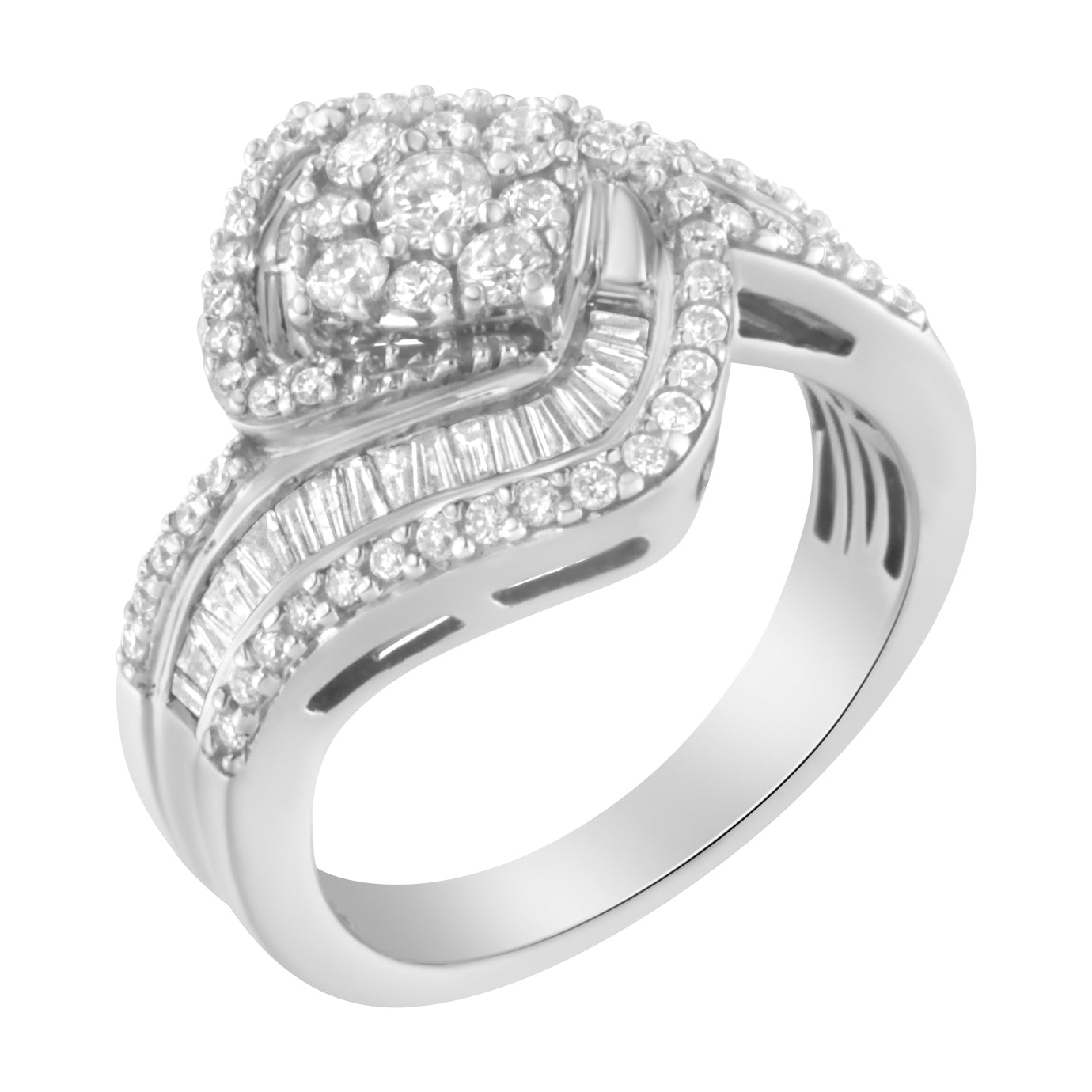 14K White Gold 1 Cttw Baguette and Round Diamond Floral Swirl Cluster Cocktail Ring Bids.com