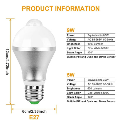 E27 Motion Sensor Light Bulb 1000LM 6500K Dust to Dawn Automatic DailySale