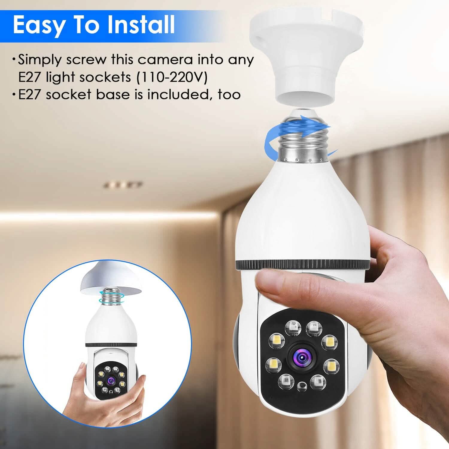E27 WiFi Bulb Camera 1080P FHD WiFi IP Pan Tilt Security Surveillance  Camera with Two-Way Audio Full Color Night Vision DailySale
