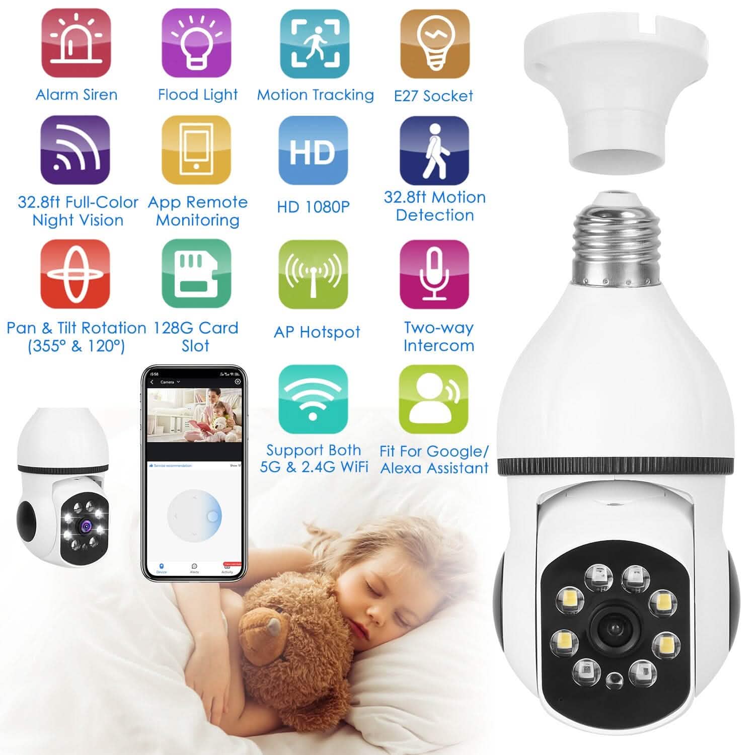 E27 WiFi Bulb Camera 1080P FHD WiFi IP Pan Tilt Security Surveillance  Camera with Two-Way Audio Full Color Night Vision DailySale