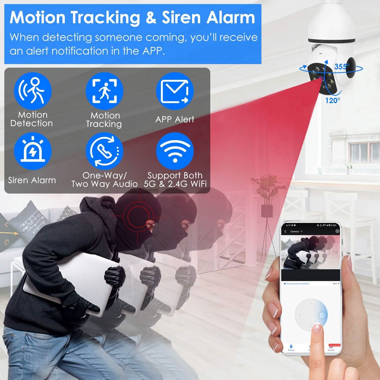E27 WiFi Bulb Camera 1080P FHD WiFi IP Pan Tilt Security Surveillance  Camera with Two-Way Audio Full Color Night Vision DailySale