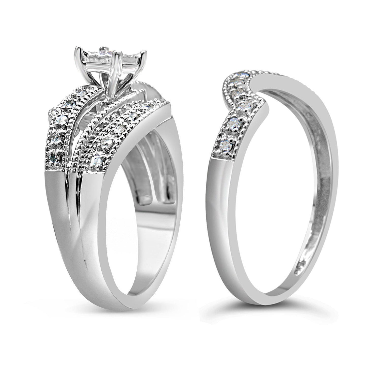 .925 Sterling Silver 1/3 Cttw Round Diamond Crisscross Engagement Ring Bridal Set (H-I Color, I1-I2 Clarity ) - Size 7 Bids.com
