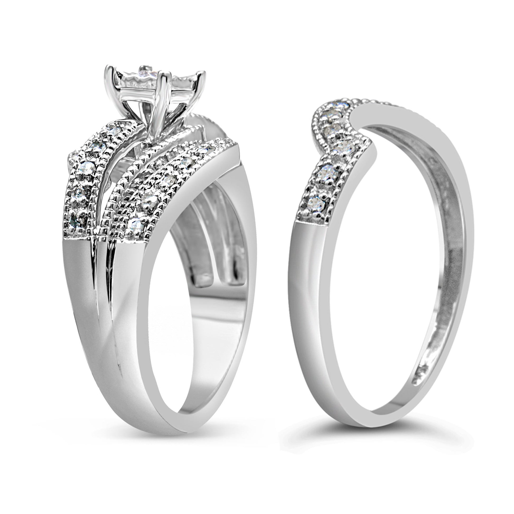 .925 Sterling Silver 1/3 Cttw Round Diamond Crisscross Engagement Ring Bridal Set (H-I Color, I1-I2 Clarity ) - Size 7 Bids.com