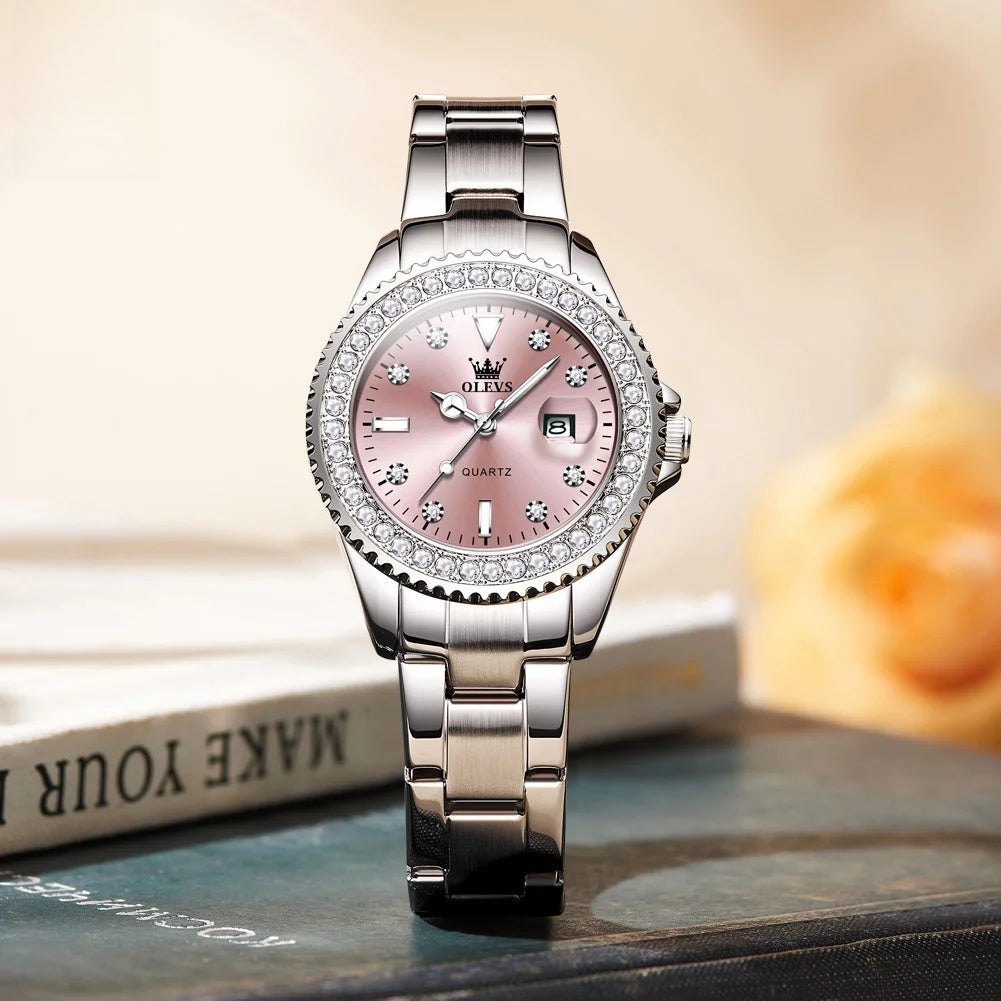 Women's Sunray Dial Zircon Bezel Steel Quartz Watch BandsCo Straps