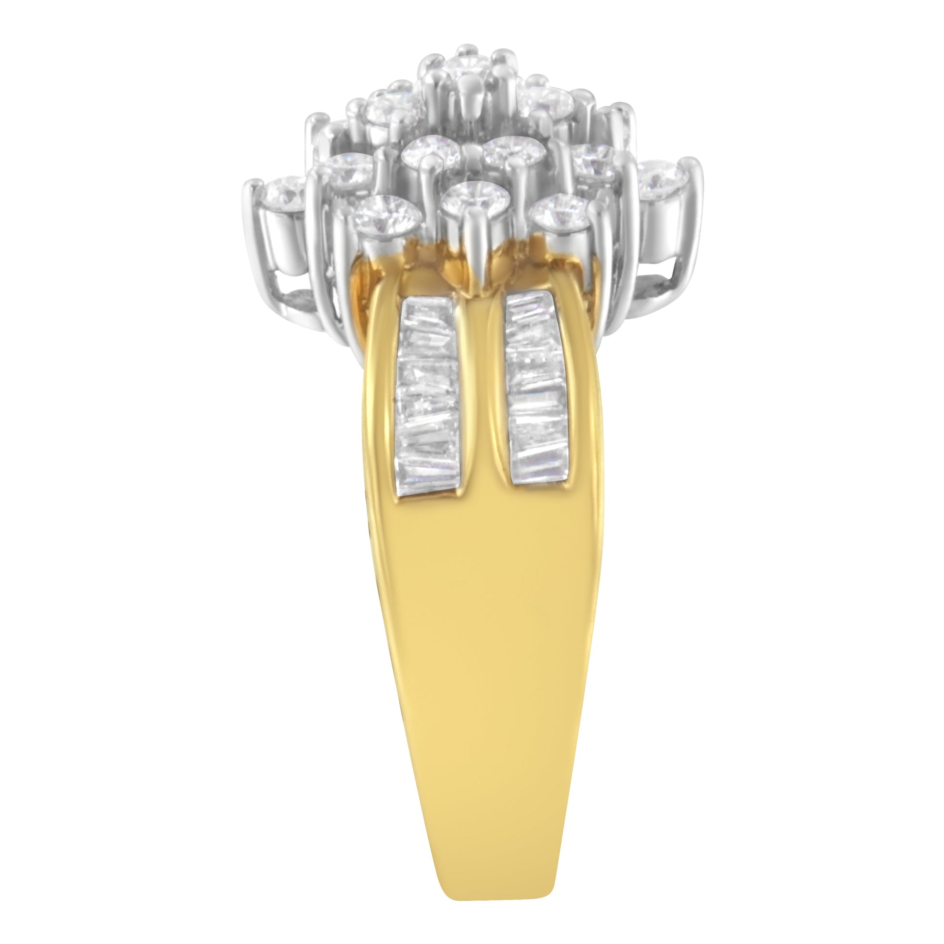 10K Yellow Gold 1.0 Cttw Round & Baguette Cut Diamond Floral Cluster Double-Channel Flared Band Statement Ring (H-I Color, SI2-I1 Clarity) - Size 6-1/2 Bids.com