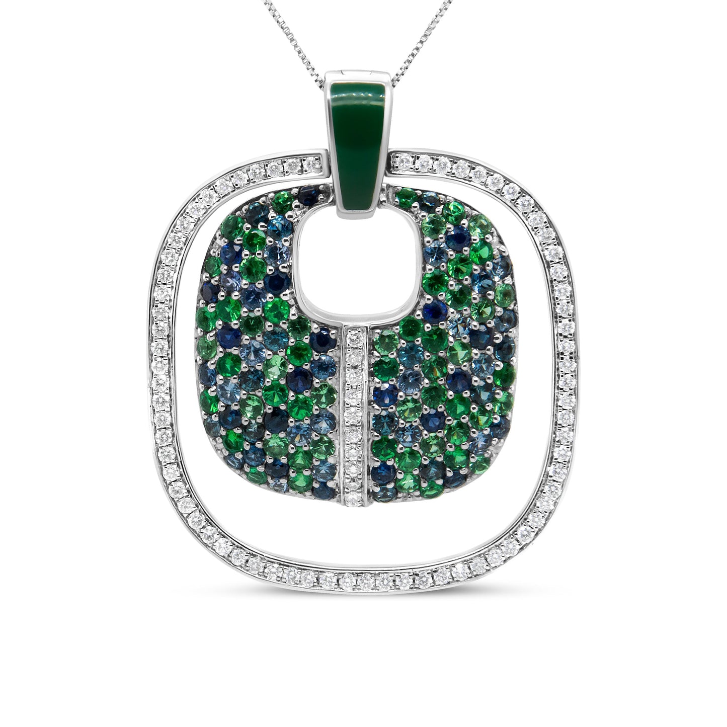 .925 Sterling Silver Green Enamel Pendant with 1/2 Cttw Diamond, Sapphire, and Tsavorite Openwork Statement 18" Pendant Necklace (F-G Color, VS1-VS2 Clarity) Bids.com