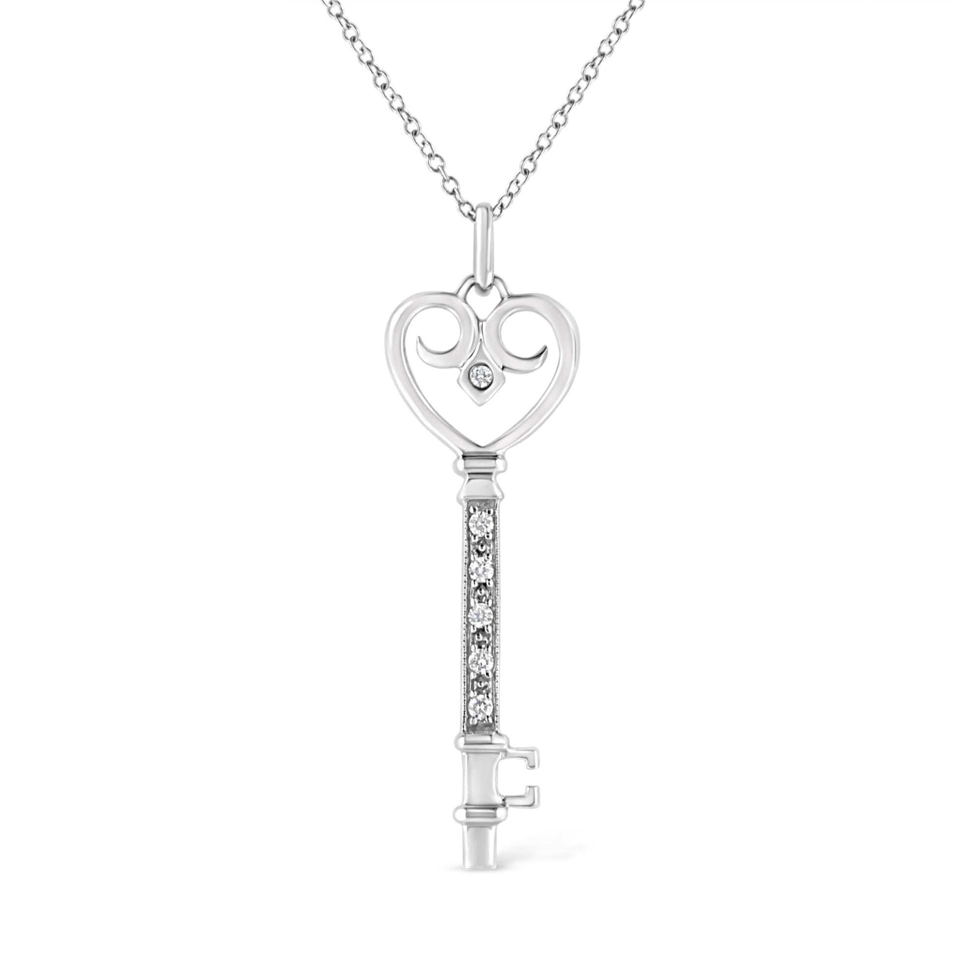 .925 Sterling Silver Pave and Bezel-Set Diamond Accent Key 18" Heart and Lock Pendant Necklace (K-L Color, I1-I2 Clarity) Bids.com