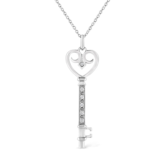 .925 Sterling Silver Pave and Bezel-Set Diamond Accent Key 18" Heart and Lock Pendant Necklace (K-L Color, I1-I2 Clarity) Bids.com