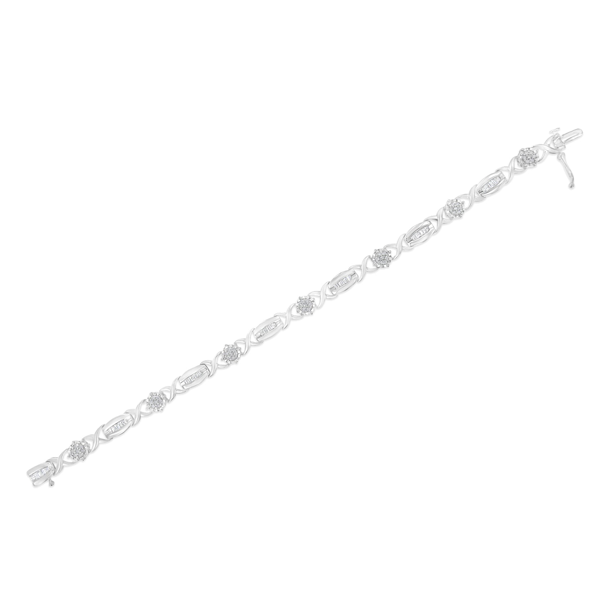 .925 Sterling Silver 1.0 Cttw Round-Cut and Baguette-Cut Diamond X-Link Bracelet (I-J Color, I1-I2 Clarity) - 7" Bids.com