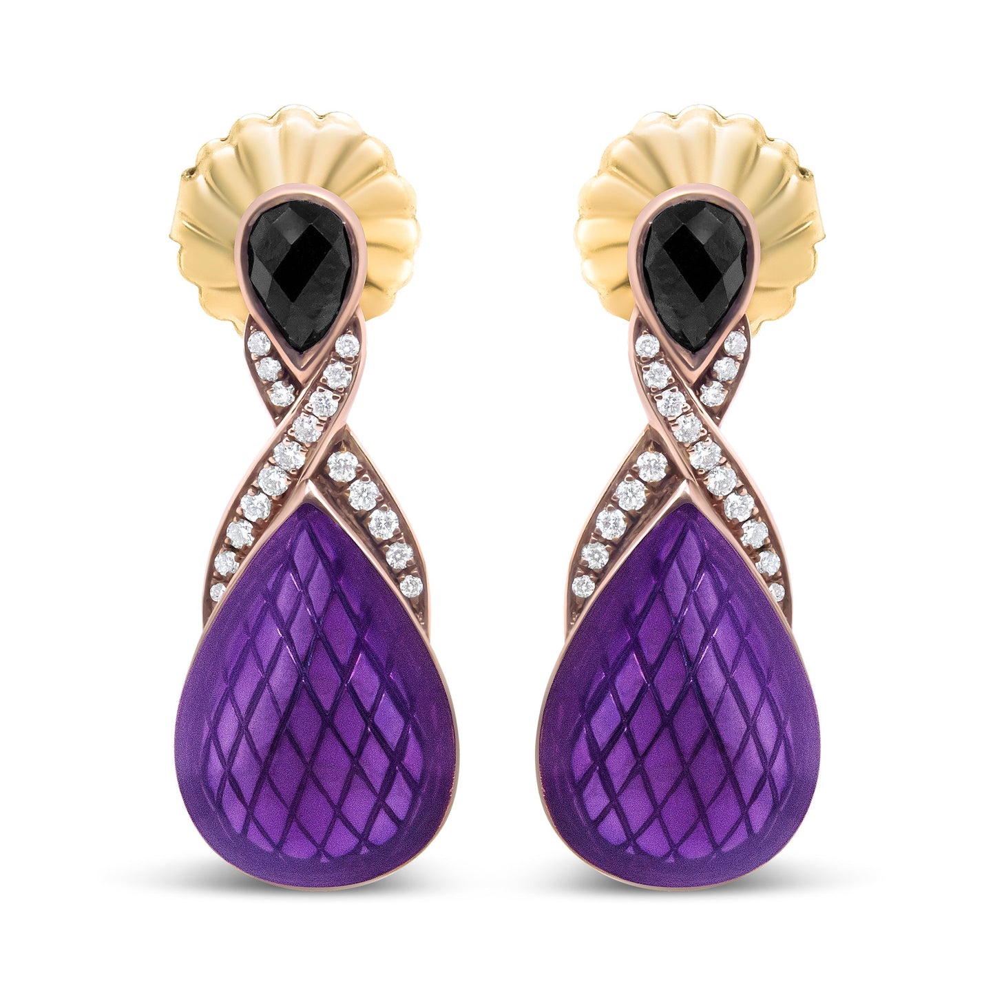 18K Rose Gold Flash Plated .925 Sterling Silver Purple Enamel 1/5 Cttw Round Pave-Set Diamond and 5.5 x 4mm Pear-Shaped Black Onyx Drop Earrings (F-G Color, VS1-VS2 Clarity) Bids.com