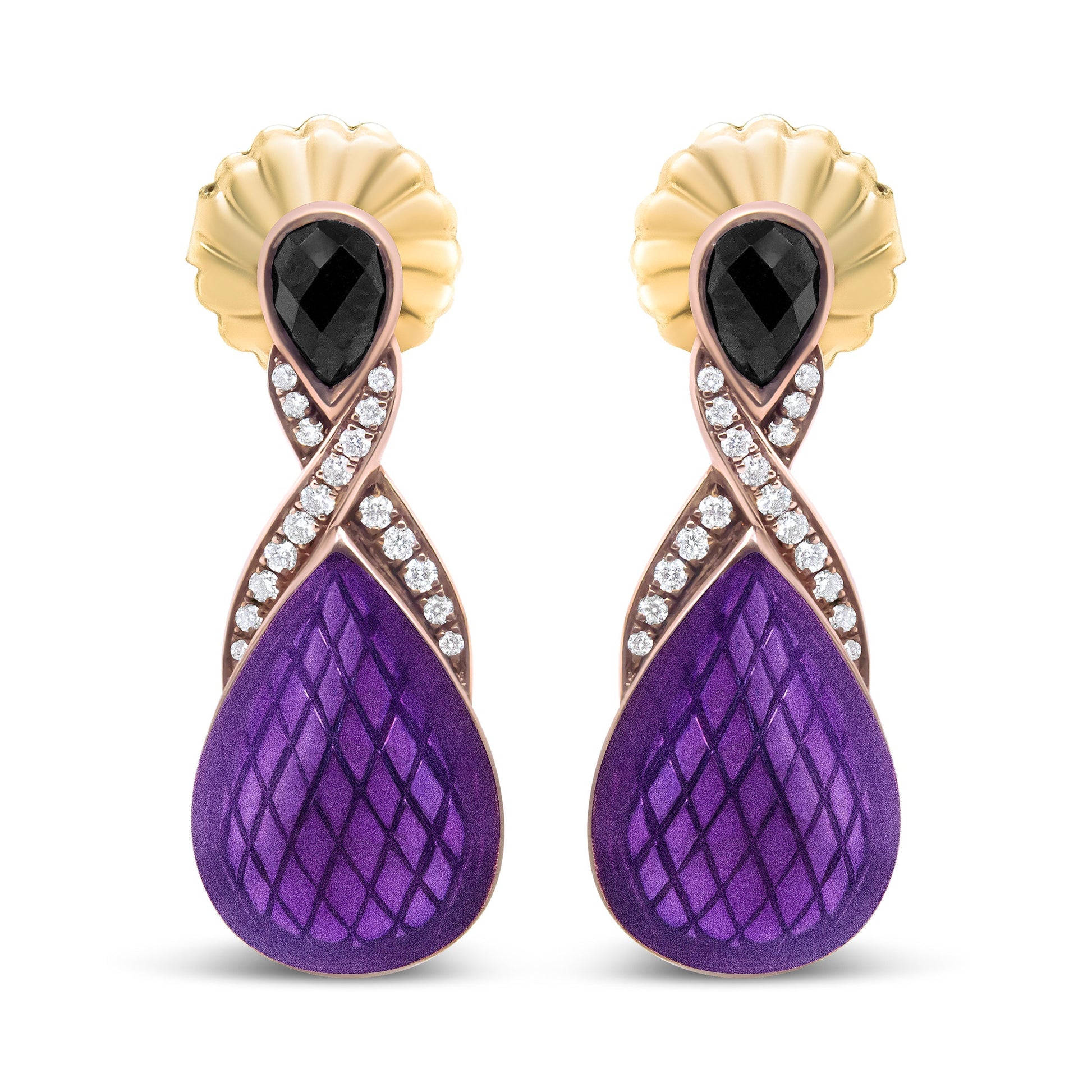 18K Rose Gold Flash Plated .925 Sterling Silver Purple Enamel 1/5 Cttw Round Pave-Set Diamond and 5.5 x 4mm Pear-Shaped Black Onyx Drop Earrings (F-G Color, VS1-VS2 Clarity) Bids.com