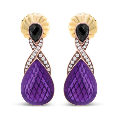18K Rose Gold Flash Plated .925 Sterling Silver Purple Enamel 1/5 Cttw Round Pave-Set Diamond and 5.5 x 4mm Pear-Shaped Black Onyx Drop Earrings (F-G Color, VS1-VS2 Clarity) Bids.com