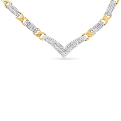 10K Yellow and White Gold 1.0 Cttw Round and Princess cut Diamond "V" Shape Statement Necklace (I-J Color, I1-I2 Clarity) Bids.com