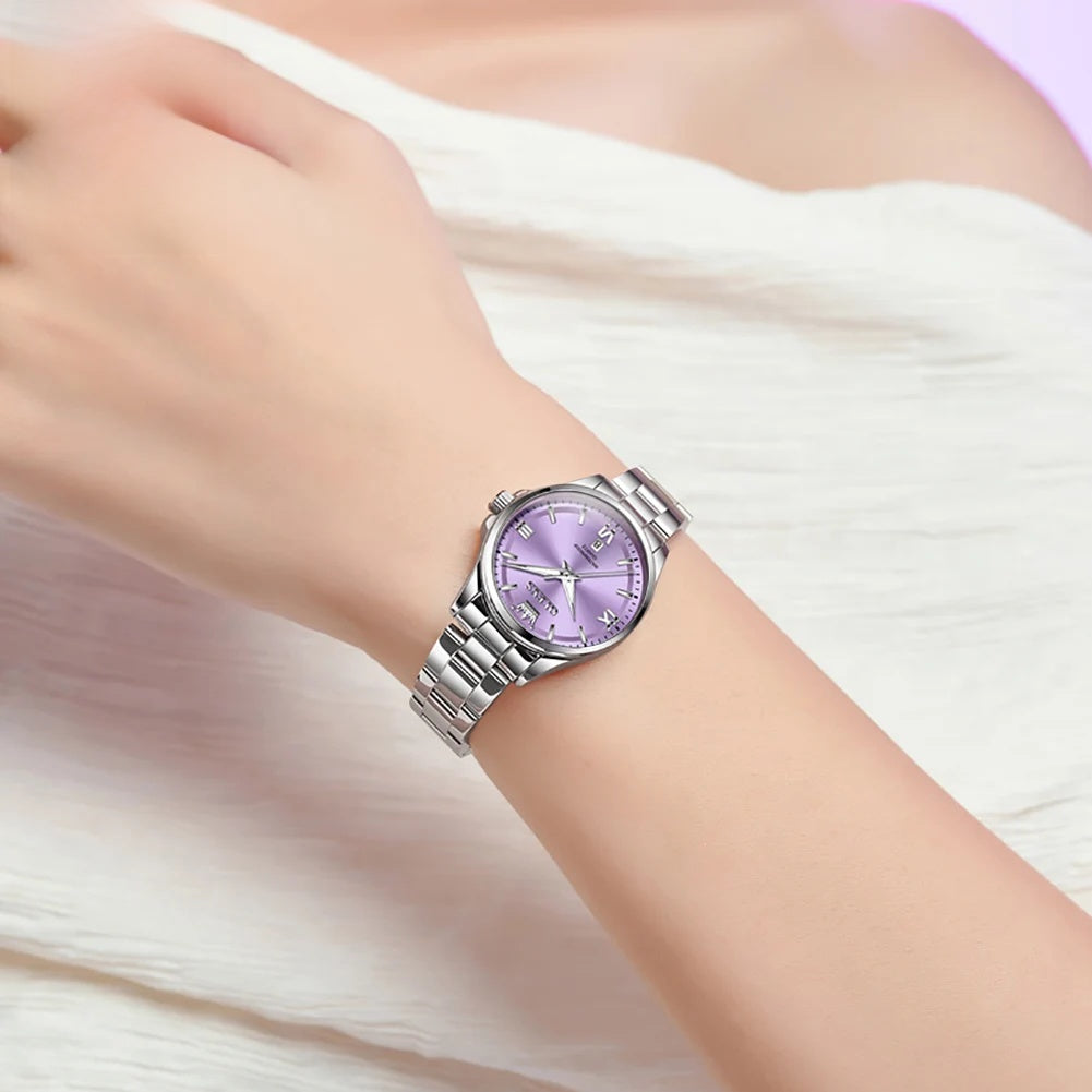 Women's Stainless Steel Watch Lavender Dial Calendar BandsCo Straps