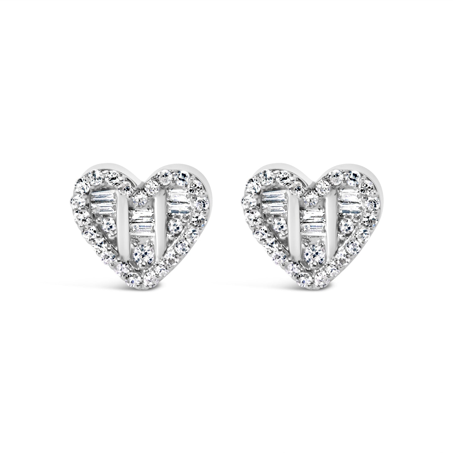 14K Yellow Gold Plated .925 Sterling Silver 1/2 Cttw Round and Baguette Diamond Composite Heart Shaped Stud Earring (I-J Color, SI2-I1 Clarity) Bids.com