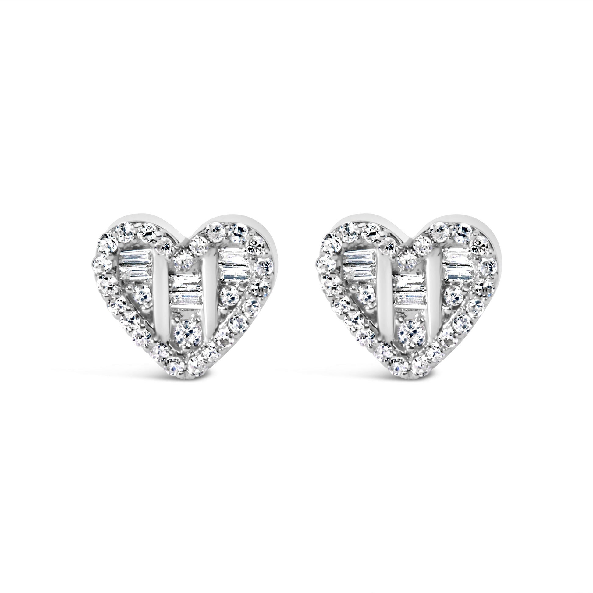 14K Yellow Gold Plated .925 Sterling Silver 1/2 Cttw Round and Baguette Diamond Composite Heart Shaped Stud Earring (I-J Color, SI2-I1 Clarity) Bids.com