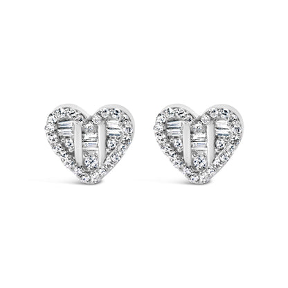 14K Yellow Gold Plated .925 Sterling Silver 1/2 Cttw Round and Baguette Diamond Composite Heart Shaped Stud Earring (I-J Color, SI2-I1 Clarity) Bids.com