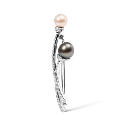 18K White Gold 3/5 Cttw Diamond and Cultured South Sea Black and White Pearl Brooch Pin (H-I Color, VS1-VS2 Clarity) Bids.com
