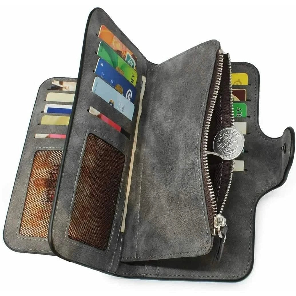 Vintage Faux Leather Long Wallet – Trifold Credit Card Holder with Snap & Zipper DailySale