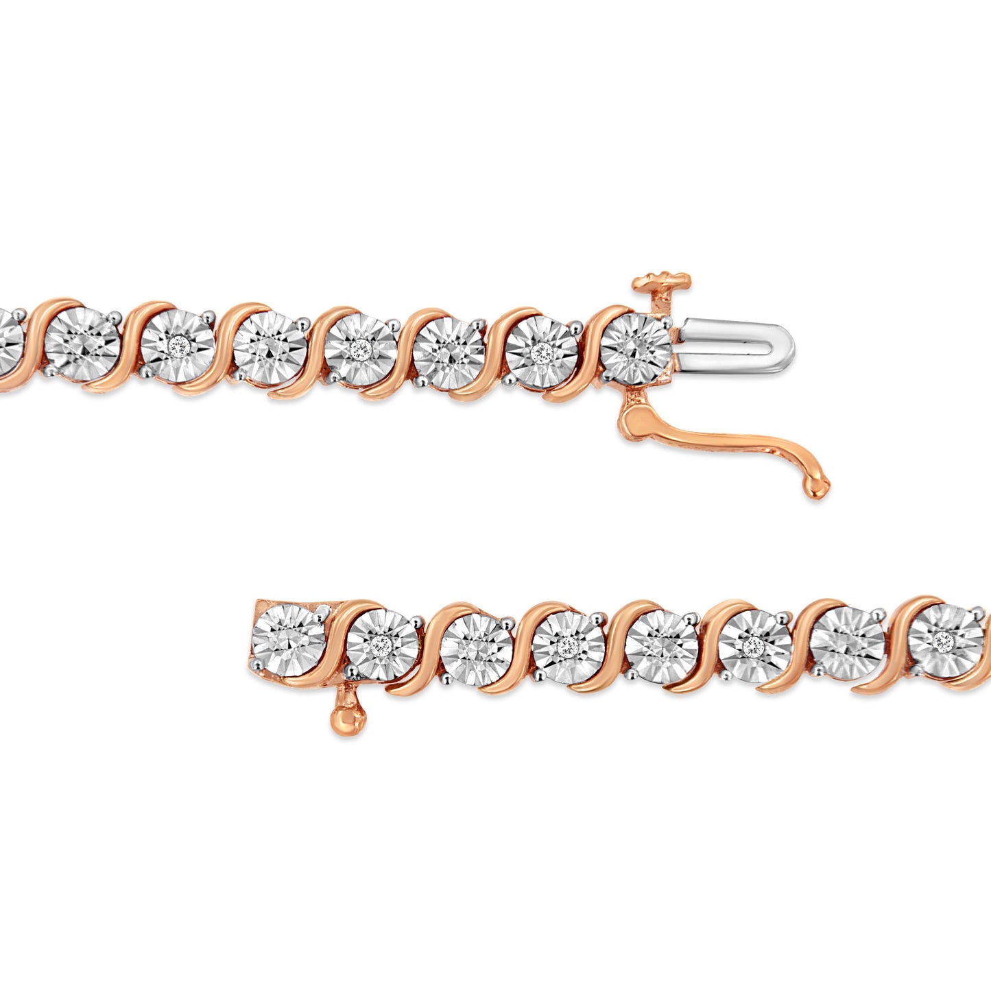 14K Rose Gold Plated .925 Sterling Silver 1/10 Cttw Diamond Round Miracle Plate and "S" Link Tennis Bracelet (I-J Color, I2- I3 Clarity) - 7" Bids.com