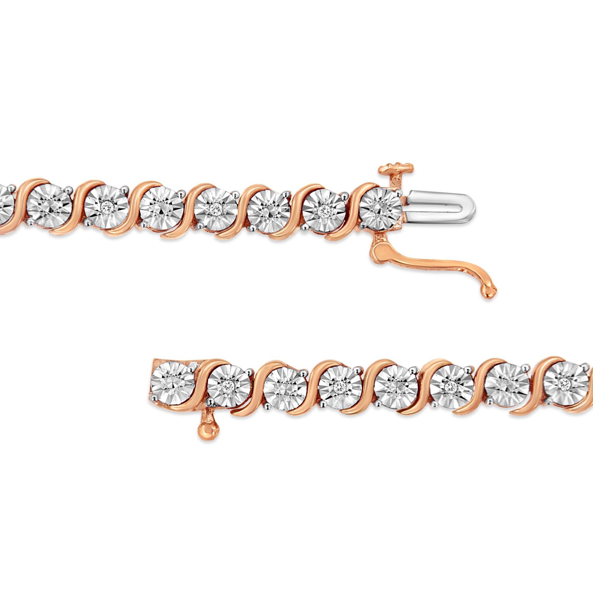 14K Rose Gold Plated .925 Sterling Silver 1/10 Cttw Diamond Round Miracle Plate and "S" Link Tennis Bracelet (I-J Color, I2- I3 Clarity) - 7" Bids.com