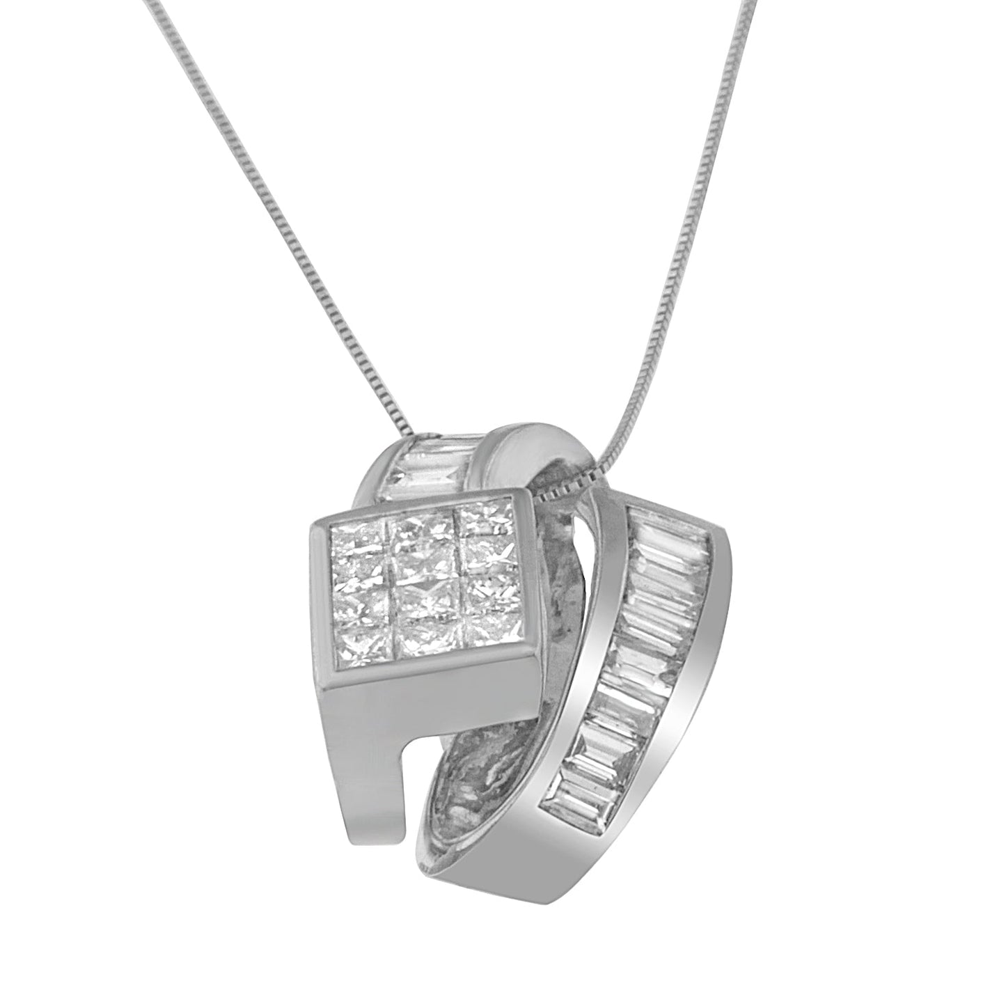 14K White Gold 2 cttw Princess and Baguette Cut Diamond Double Loop Pendant Necklace (G-H, VS1-VS2) Bids.com